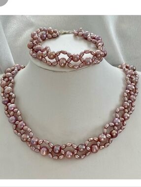 Handmade Braided Freshwater Pearl Necklace & Bracelet Set, High Quality - NEW!